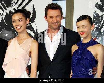 Tokyo, Japan. 28th Aug, 2013. (L to R) Casts Rila Fukushima, Hugh Jackman and Tao Okamoto and Hiroyuki Sanada attend the Japan premiere promoting ''The Wolverine'' at Roppongi Hills on August 28, 2013 in Tokyo, Japan. Credit:  Junko Kimura/Jana Press/ZUMAPRESS.com/Alamy Live News Stock Photo