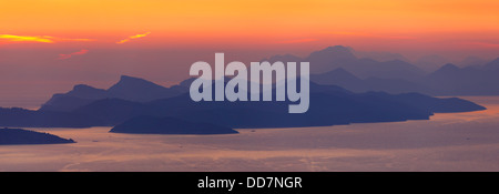 Sunset near Dubrovnik in south Croatia. View to Peljesac peninsula and Islands near by Stock Photo