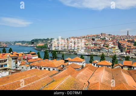 Port Wines and their makers under Terracotta roofs adjacent to the Douro River Sandeman Vintage Cellars,Porto,Oporto,Portugal Stock Photo