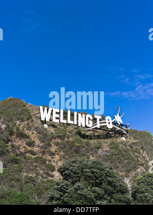 dh Evans bay WELLINGTON NEW ZEALAND Windy Wellington sign on hillside near airport Lyall Bay wellywood