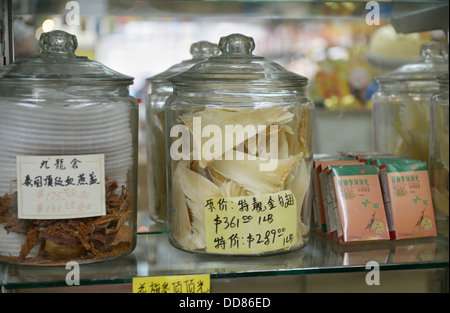 Dried shark fins for sale in Chinatown, NY.  Used to make shark's fin soup, considered a delicacy for special occasions.