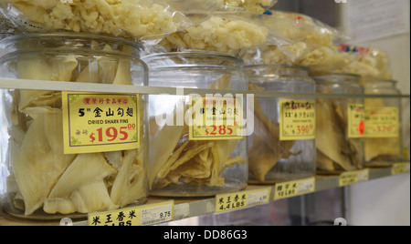 Dried shark fins for sale in Chinatown, NY.  Used to make shark's fin soup, considered a delicacy for special occasions.