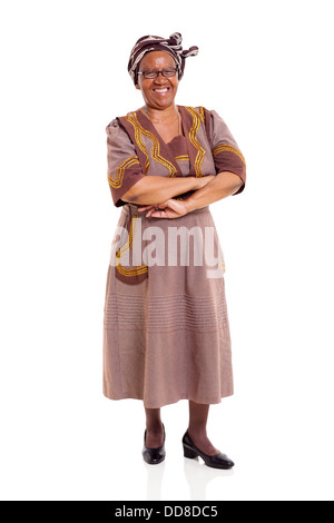 cheerful senior African woman with arms crossed over white background Stock Photo