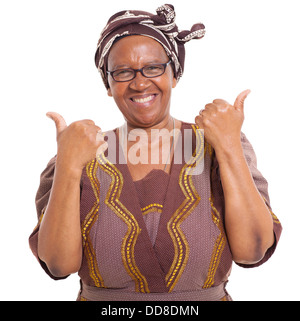 senior African woman giving two thumbs up as sign of approval Stock Photo