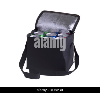 Black cooler bag filled with soft drink cans isolated on white background Stock Photo