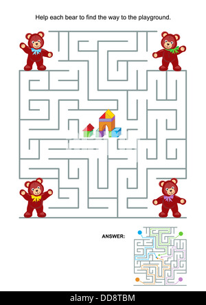 Maze game or activity page for kids: Help each bear to find the way to the playground. Answer included. Stock Photo