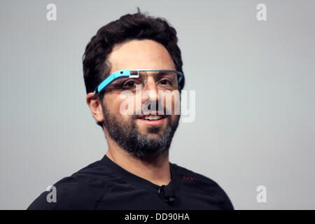 Google co-founder, Russian-American computer scientist and Internet entrepreneur Sergey Brin surprisingly holds a speech at the 'Google I/O' developer conference at the Moscone Center in San Francisco, USA, 27 June 2012. With the Nexus 7, Google will compete with Apple's iPad. Google is presenting the main points of its strategy for future internet applications to more than 5,000 software developers in San Francisco on 27 June. Photo: Christoph Dernbach Stock Photo