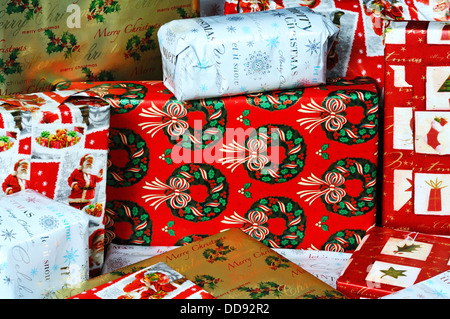 Gift wrapped Christmas presents, UK, Western Europe. Stock Photo
