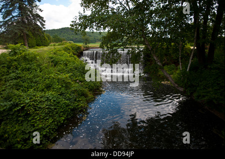 USA, Wisconsin, Spring Green. Frank Lloyd Wright, Taliesin Estate Grounds with Waterfall. Stock Photo