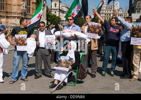 London, UK. 29th Aug, 2013.  A small group of UK-basedf Syrians protests outside parliament demanding action against the Assad regime for chemical weapons attacks aginst civilians. Credit:  Paul Davey/Alamy Live News