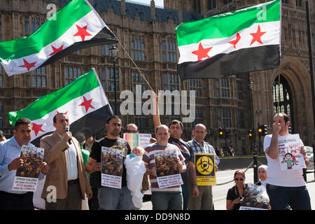 London, UK. 29th Aug, 2013.  Protest outside parliament by UK-based Syrians demanding action against the Assad regime for chemical weapons attacks aginst civilians. Credit:  Paul Davey/Alamy Live News