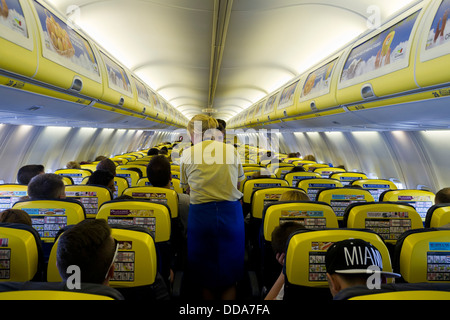 Cabin of a ryanair Airbus 320 aircraft. Stock Photo