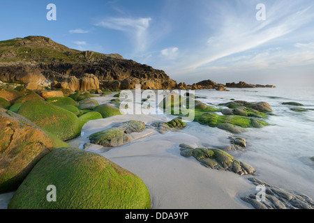 Porth Nanven, Cot Valley beach, Cornwall at sunset displaying white sand and rocks. Stock Photo