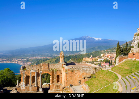 View of the Taormina's Ancient Greek Theater and Mount Etna in Taormina Sicily Italy Stock Photo