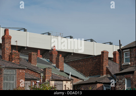 The Spion Kop end of Anfield stadium in Liverpool overlooks many its neighbouring condemned houses. (Editorial use only) Stock Photo