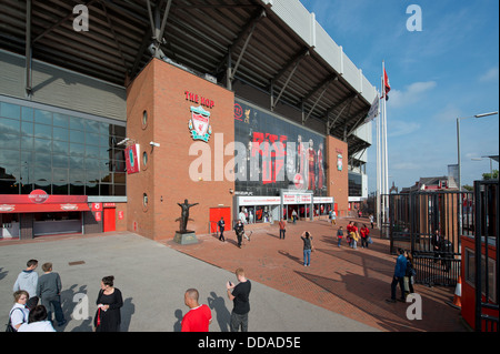 A wide angle shot of the Spion Kop end of Anfield stadium, home of Liverpool Football Club (Editorial use only). Stock Photo