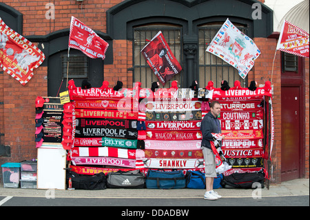 A shot of a football merchandise street trader near to Anfield stadium, home of Liverpool Football Club (Editorial use only). Stock Photo