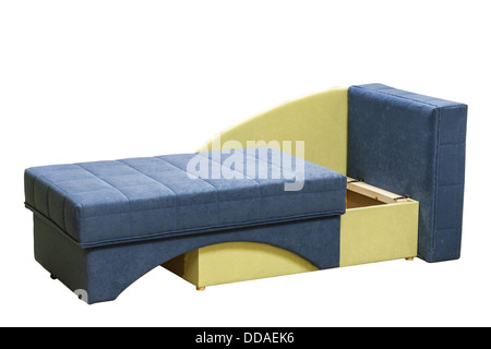 Arranged bed over white background. Colorful couch. Stock Photo
