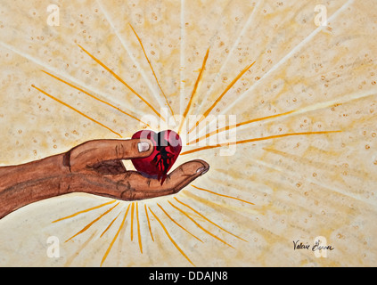 This is a depiction of the hand of Jesus Christ, holding a broken, bleeding and bruised heart. Light and glory rays are shining Stock Photo