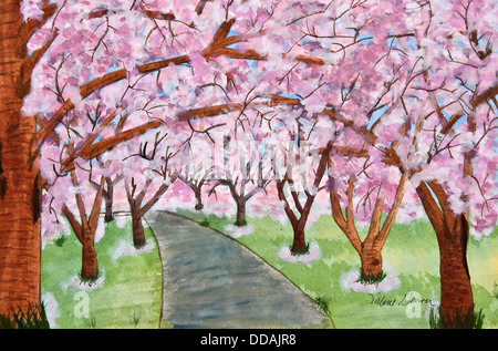 'Lost in Pink' is a watercolor painting of a curved path following along rows of cherry trees in full bloom. Stock Photo