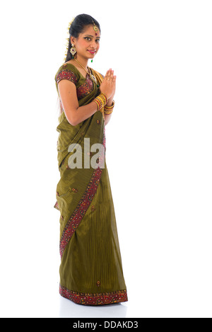 indian female in traditional saree dress and diwali greeting Stock Photo