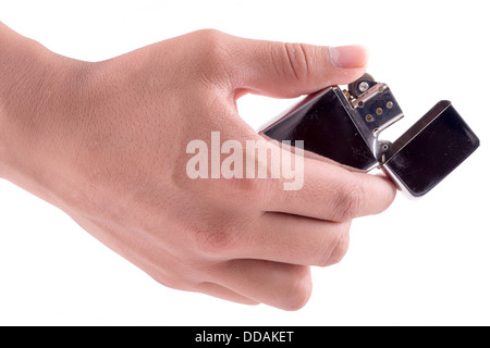 Hand hold  holding lighter, on white background Stock Photo