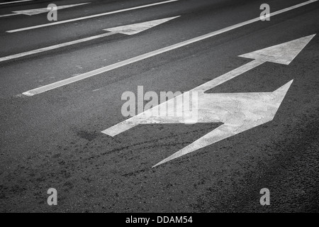 Road marking with white lines and arrows on dark asphalt Stock Photo