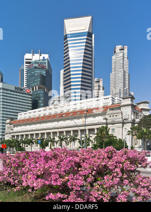dh The Fullerton Hotel DOWNTOWN CORE SINGAPORE Flowers Maybank Tower city skyscraper skyline centre old new buildings hotels building architecture Stock Photo
