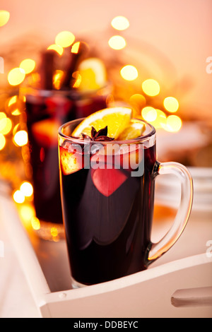 Two glasses of mulled wine on xmas background Stock Photo