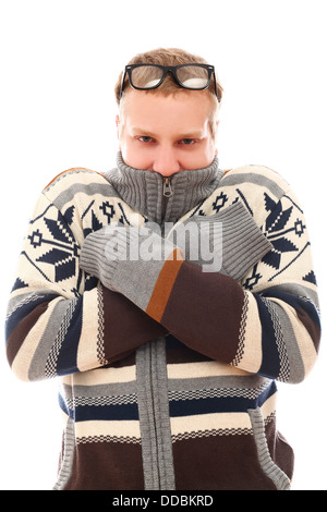 Guy in sweater feel cold over a white background Stock Photo