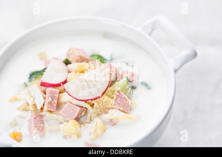 Cold kefir soup with eggs and sausage on white background Stock Photo