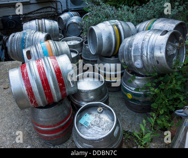 Empty Beer Ale Barrels Kegs Casks outside pub Stock Photo