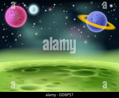 An illustration of an outer space cartoon background with colorful planets Stock Photo