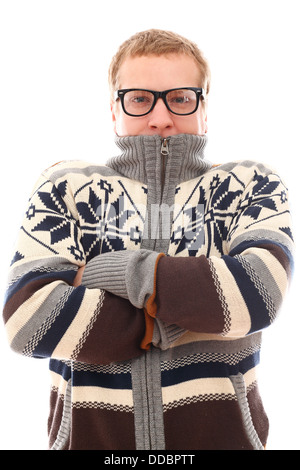 Guy in sweater feel cold over a white background Stock Photo