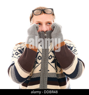 Guy in sweater feel cold over a white background Stock Photo