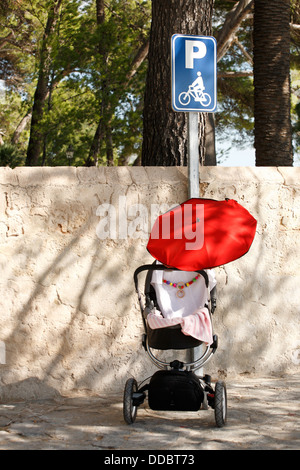 Puerto Pollensa, Majorca, Spain, strollers parked at a bicycle parking lot in Port de Pollenca Stock Photo