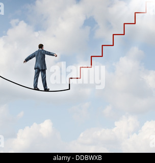 Risk solutions and adapting to change as a business idea with a businessman walking on a dangerous high wire tightrope that transforms into a red staircase leading to a clear path to future opportunity and success. Stock Photo