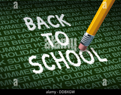 Return and going back to school with a pencil eraser erasing the words against a background of summer holiday vacation break pattern as a symbol of education and the start of the school year for learning. Stock Photo