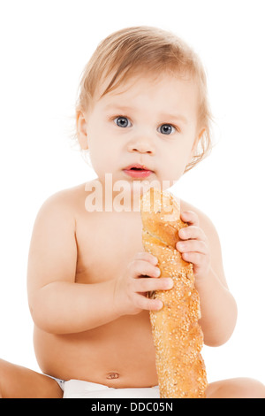 cute todler eating long bread Stock Photo