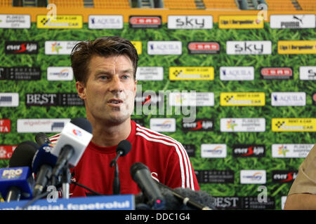 Ploiesti, Romania. Wednesday 28 August 2013  Pictured: Michael Laudrup during a press conference at Petrolul Ploiesti Stadium.   Re: Swansea City FC arrive to Romania for a press conference and training session, a day before their UEFA Europa League, play off round, 2nd leg, against Petrolul Ploiesti in Romania. © D Legakis/Alamy Live News Stock Photo