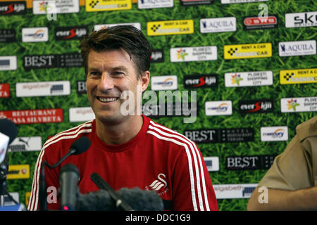 Ploiesti, Romania. Wednesday 28 August 2013  Pictured: Michael Laudrup during a press conference at Petrolul Ploiesti Stadium.   Re: Swansea City FC arrive to Romania for a press conference and training session, a day before their UEFA Europa League, play off round, 2nd leg, against Petrolul Ploiesti in Romania. © D Legakis/Alamy Live News Stock Photo