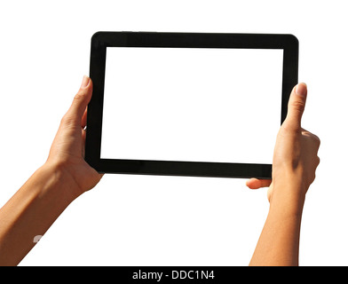 girls hands holding a tablet touch computer gadget with isolated screen Stock Photo