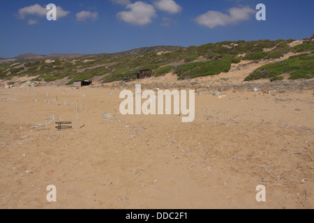 Turtle nest covers, Lara Bay beach, mid summer view across Akamas peninsula, Cyprus Stock Photo