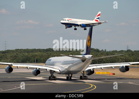 Lufthansa Airbus A340-300 waiting to take-off at Dusseldorf International airport, Germany. Stock Photo