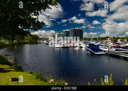 Morning at Barrie Ontario Marina on Kempenfelt Bay with boats and condos Stock Photo