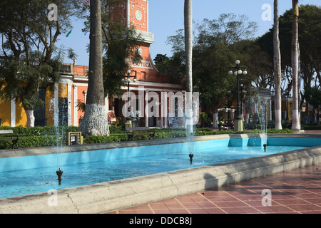 Parque Municipal with a fountain in the front and the building called Biblioteca in the back in Barranco, Lima, Peru Stock Photo
