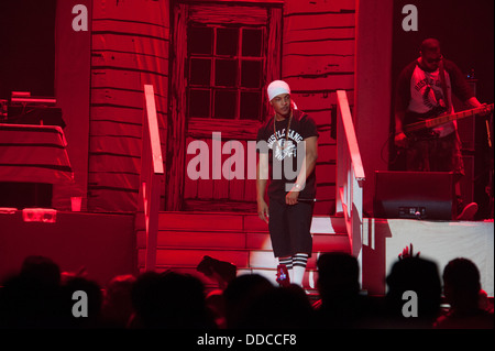 SACRAMENTO, CA - AUGUST 28: Rapper Clifford Joseph Harris, Jr. aka T.I. performs in concert as part of America's Most Wanted Tour at Sleep Train Arena Stock Photo