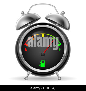 Fuel indicator in creative retro alarm clock design. Colorful signs on black face. Illustration on white. Stock Photo