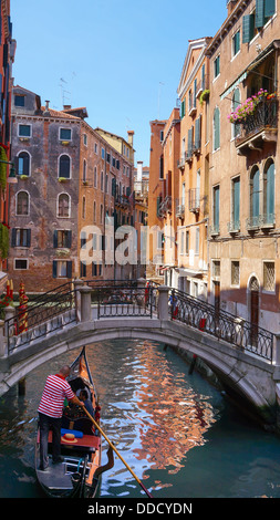 Narrow canal of venice, with multi-color small houses on the side. Stock Photo