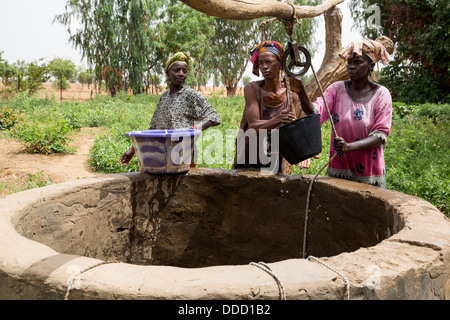 Wolof Women Drawing Water from Well to Irrigate Vegetable Garden. Dialacouna Gardening Project, near Kaolack, Senegal.  An Africare project. Stock Photo